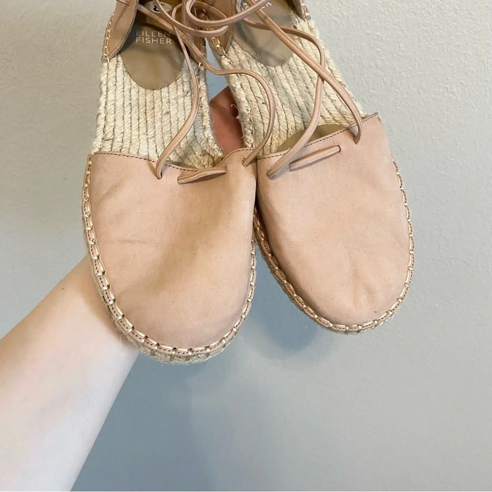 Eileen Fisher Light Tan Leather Lace Up Flat Espadrille Sandals Size 8